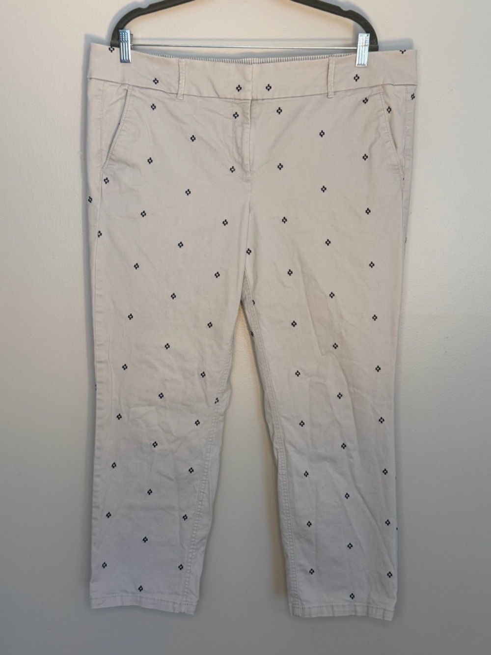 LOFT Cream Cropped Khakis with Gray Embroidered Motif